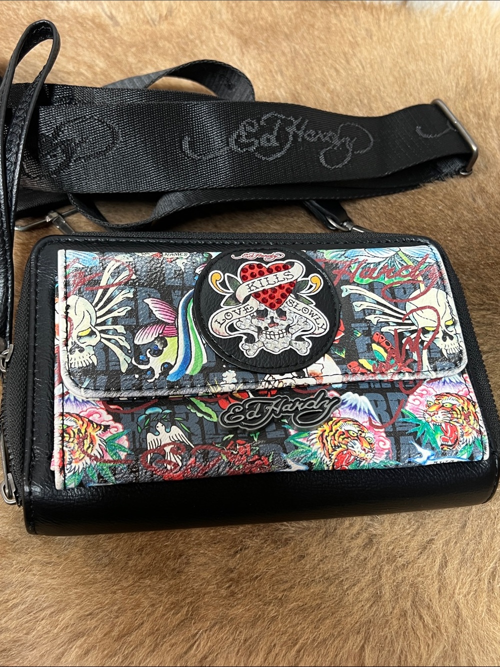 Ed Hardy Love Kills Slowly Crossbody Bag Purse Handbag